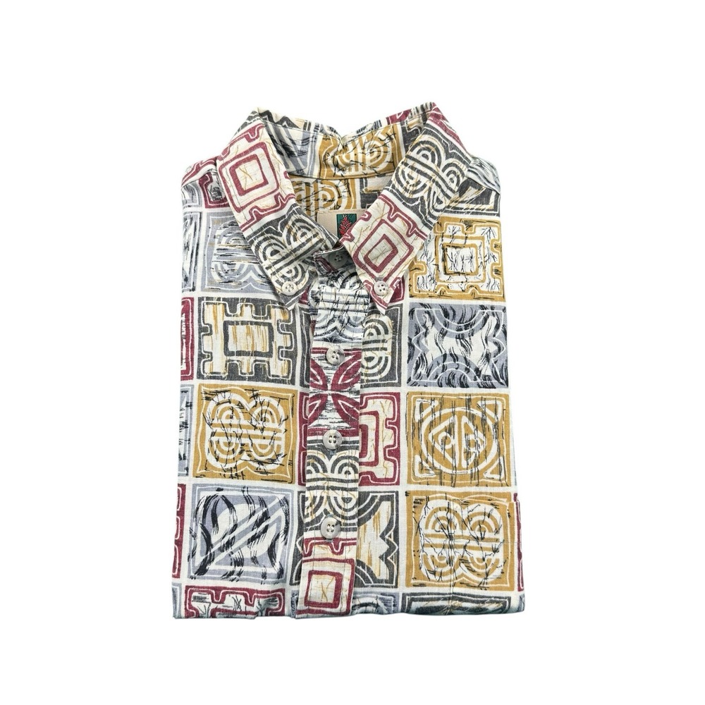 Tori Richard Red Gray Yellow Geometric Cotton Blend Hawaiian Shirt S 0100R 2049